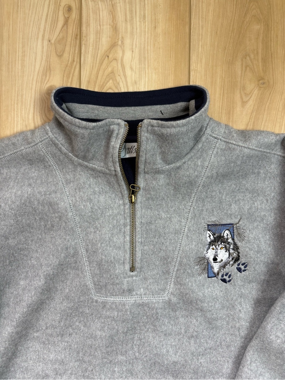 Vintage Gray Half-Zip Sweatshirt with Wolf Embroidery